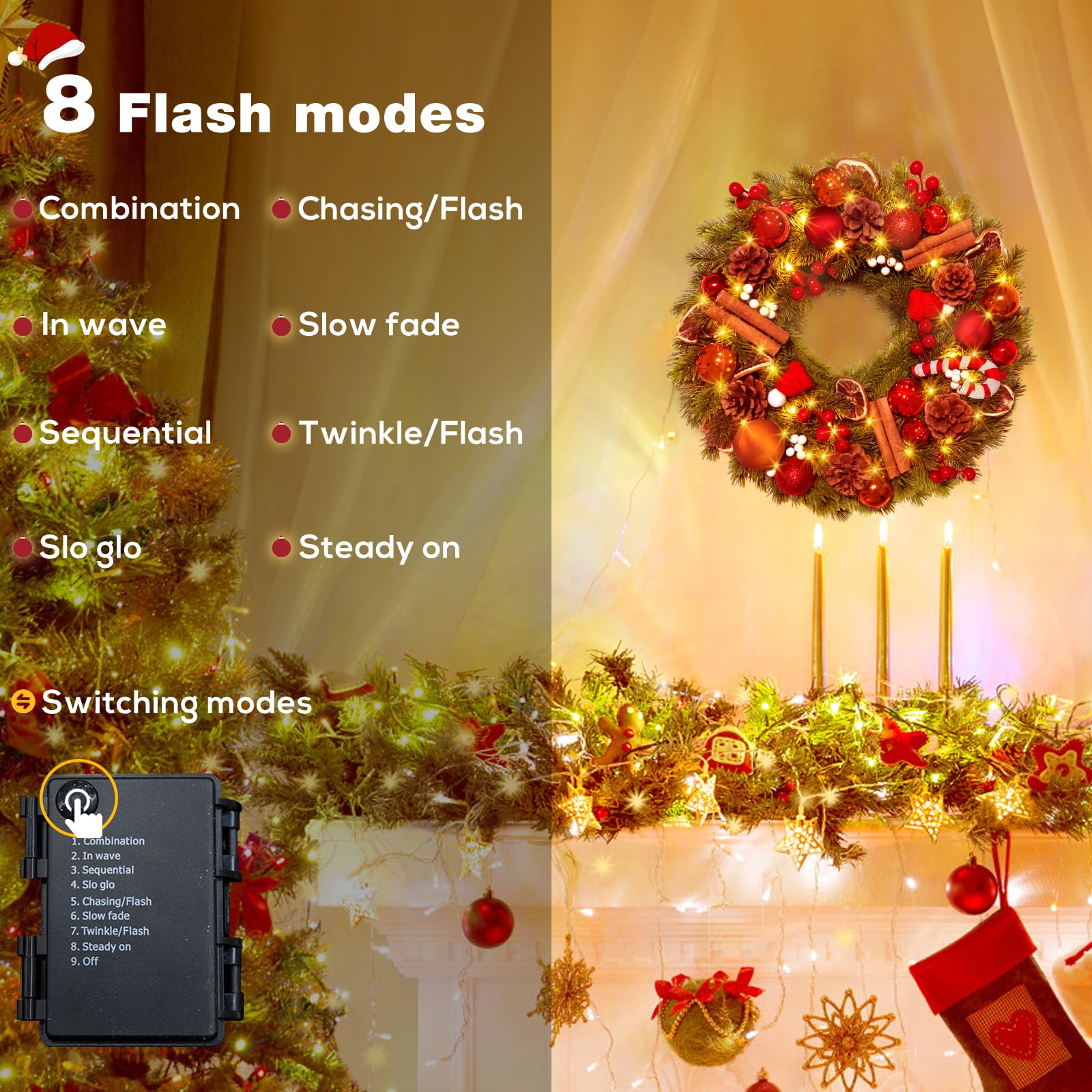 GlobaLink Weihnachtskranz 40cm, Türkranz Weihnachten mit 40 LEDs Timer Batteriebetrieben Künstlicher Kranz mit Zuckerstange Zitronenscheiben und Weihnachtskugeln Weihnachtsdeko für Feste Advent Türe