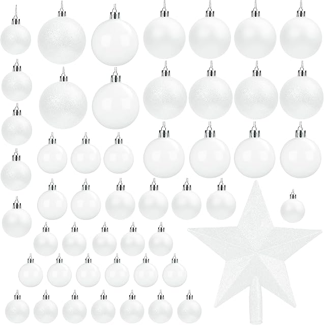 Belle Vous 50 Pack Christmas Baubles - Assorted Size Glittery White Baubles with Star Tree Top - Xmas Tree Ball Hanging Ornaments for Christmas Decorations Holiday Party Indoor & Outdoor Decorations