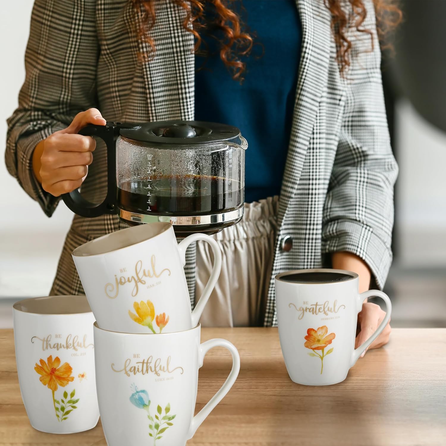 Christian Art Gifts Ceramic Coffee or Tea Mug Set for Women, Be Grateful, Faithful, Thankful, Joyful Bible Verse Mug Set, Boxed Set of 4 Coffee Cups
