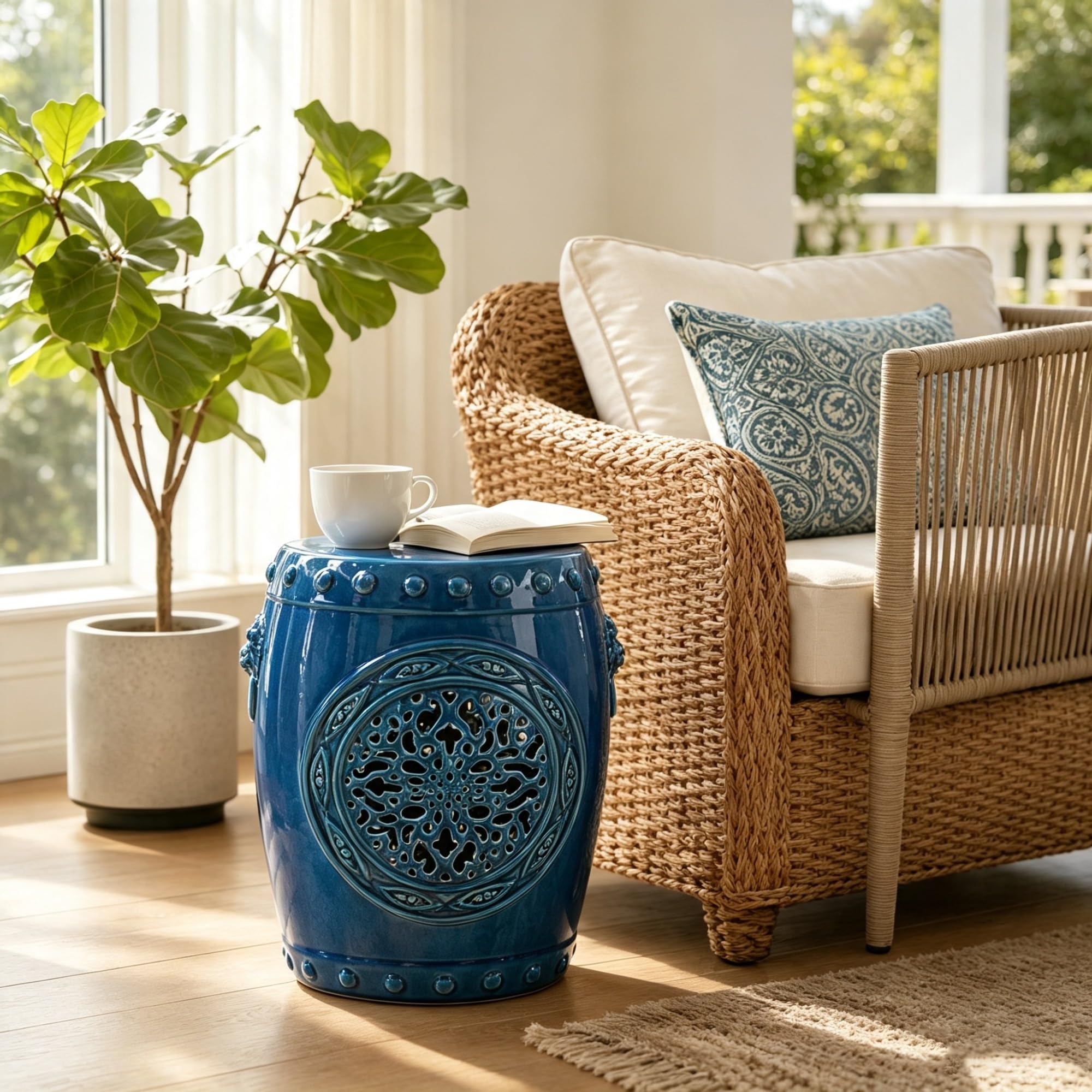 Dekorativer Trommelhocker im Chinoiserie-Stil für Terrasse und Garten (Blau1)