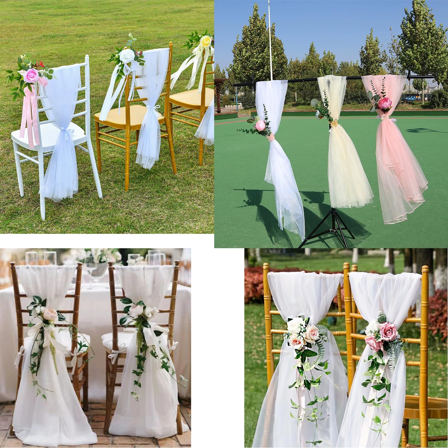 100 x 150 cm - Tissu en tulle blanc avec fleur artificielle d'eucalyptus - Boucle papillon - Kit de décoration pour mariage, voiture, rétroviseur de voiture, poignée de porte, décoration de