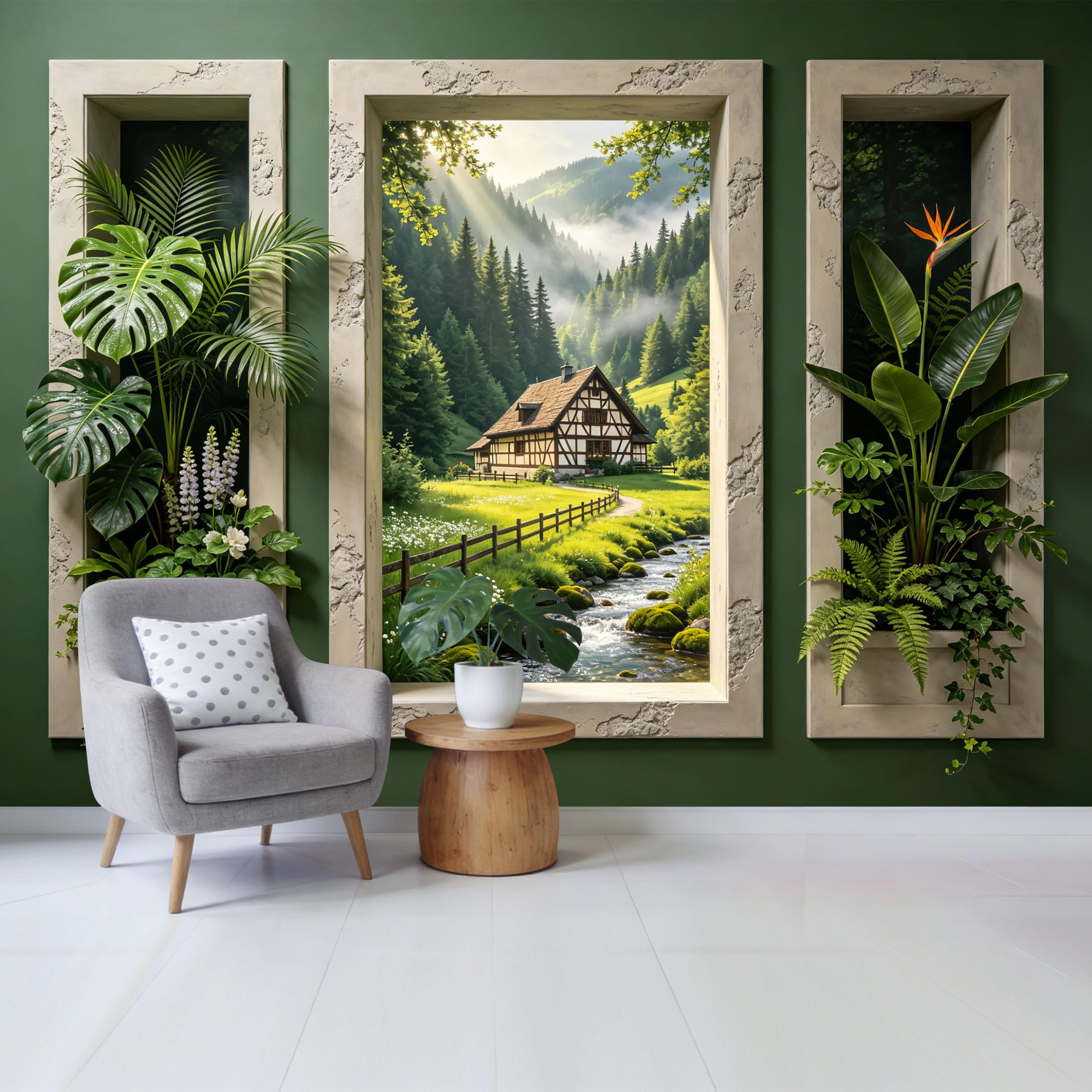 Custom Size Wall Mural Mountain Lake Forest Cottage Landscape Stream Scene Removable Self Adhesive Fabric Home Wall Decor for Living Room Bedroom Bathroom