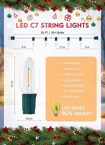 Miniatura 2 de Luces de Navidad LED C7 de 50 pies, cadena de luces vintage para exteriores con 52 bombillas (2 de repuesto), luces de Navidad colgantes comerciales