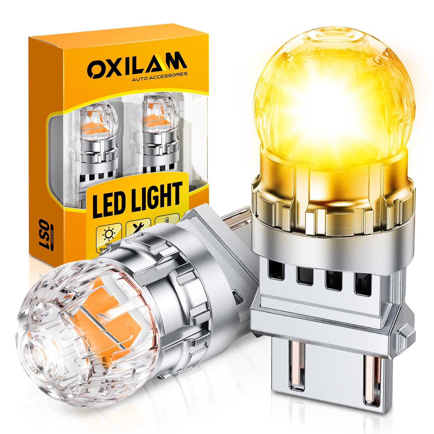 OXILAM 3157 LED Bulb Amber, 800% brighter 3157A Turn Signal Light Bulb, 3156 3057 3457 4057 4157 LED Replacement for Blinker Marker Stop Light, Tail Brake Parking &amp; DRL Lights, Pack of 2