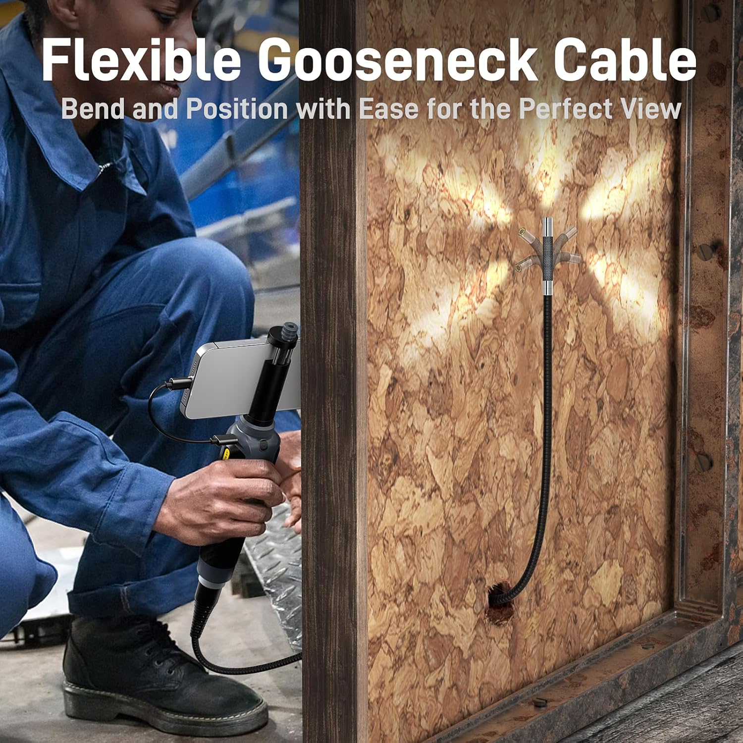 Teslong Two-Way Articulating Borescope with Light, USB-C Endoscope Inspection Camera with 5FT Semi-Rigid Probe, Flexible Snake Scope for Home Repair, Automotive, Compatible with iPhone 15/16 & Android