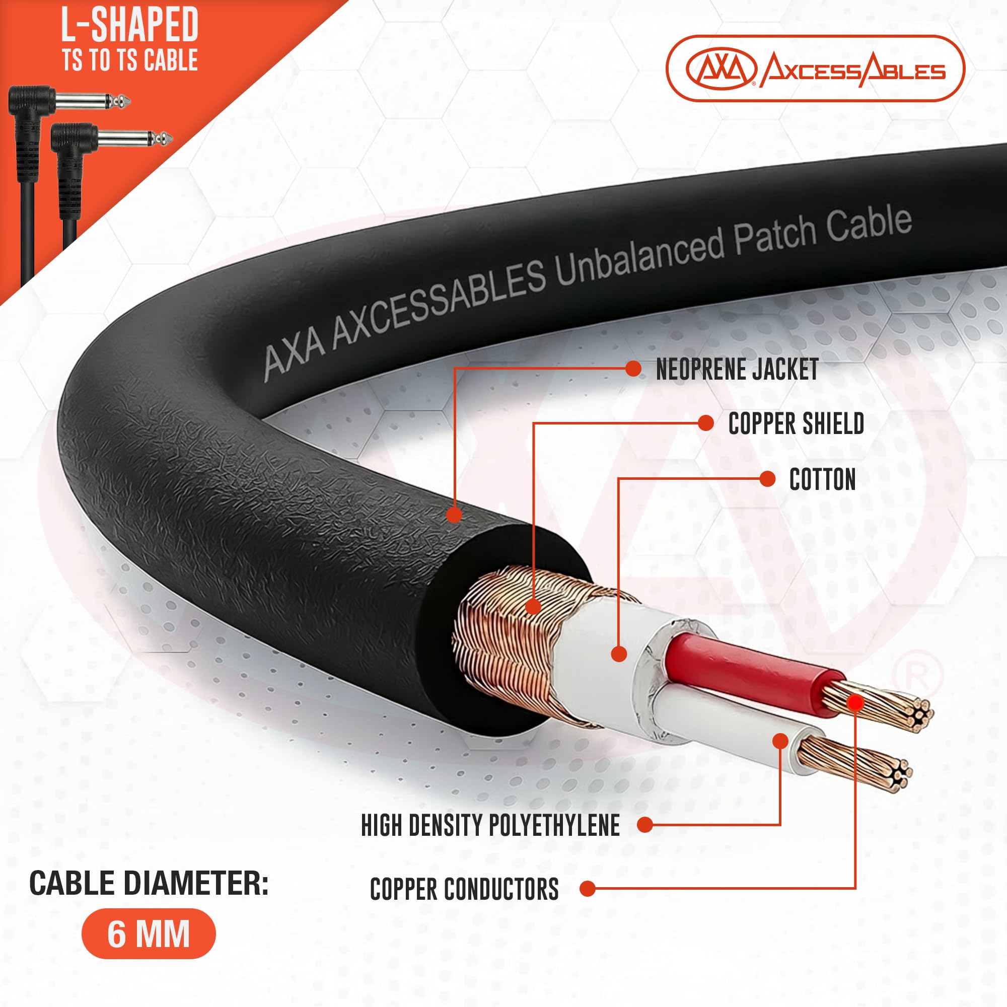 AxcessAbles - Cavo patch sbilanciato TS mono ad angolo retto ad angolo retto per chitarra, basso, pedaliera, mixer e apparecchiature audio, 6,3 cm, multicolore