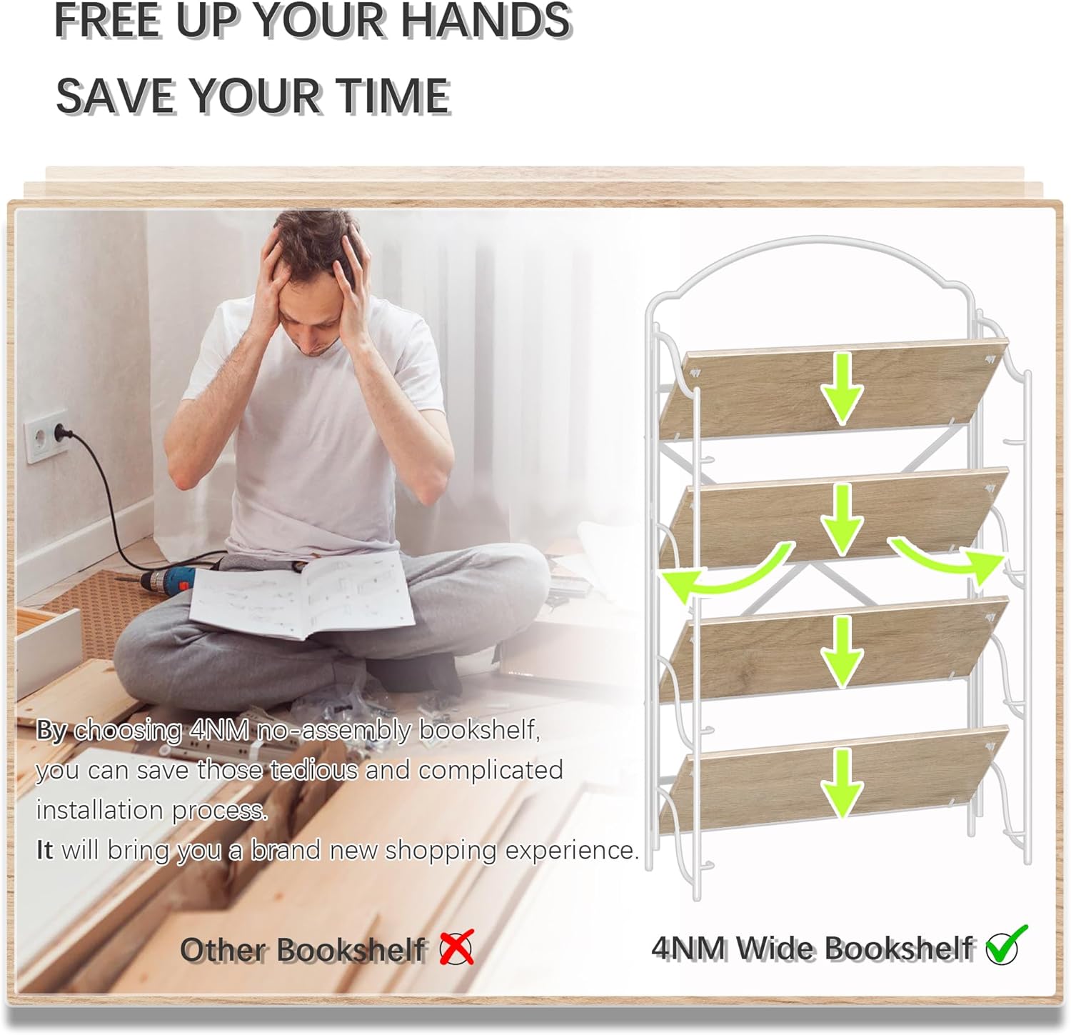 4NM No Assembly Extra Wide Folding Bookshelf for Living Room, 4 Tiers Collapsible Book Shelves Open Industrial Foldable Bookcase Storage Shelf for Home Office - Cloud Oak - Image 7