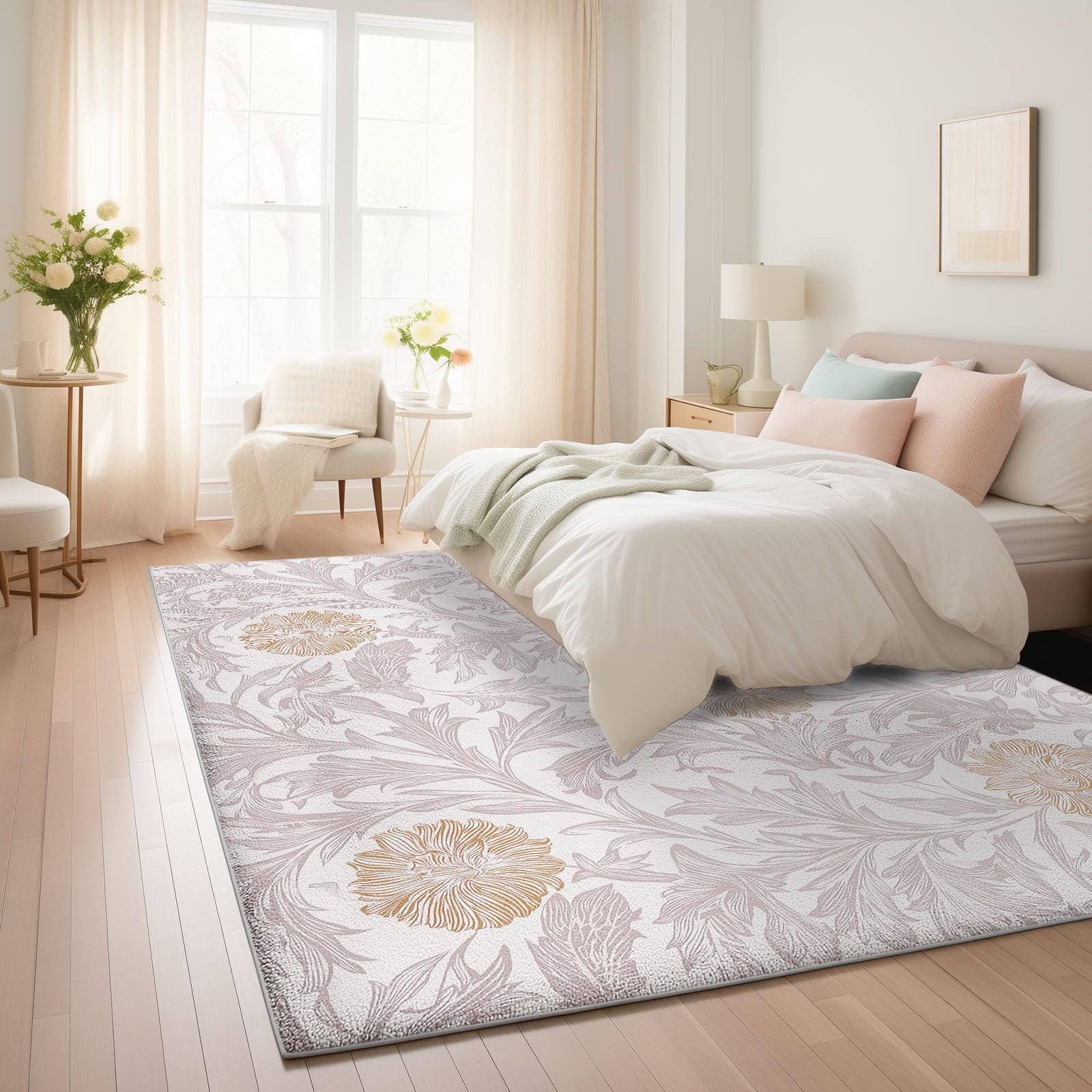 Dywan i przyjemnie miękki, 160 x 220 cm, jasnoróżowy dywan z krótkim włosiem do jadalni, kuchni i biura, dywaniki eleganckie wykwintne kwiatowe liście antypoślizgowe