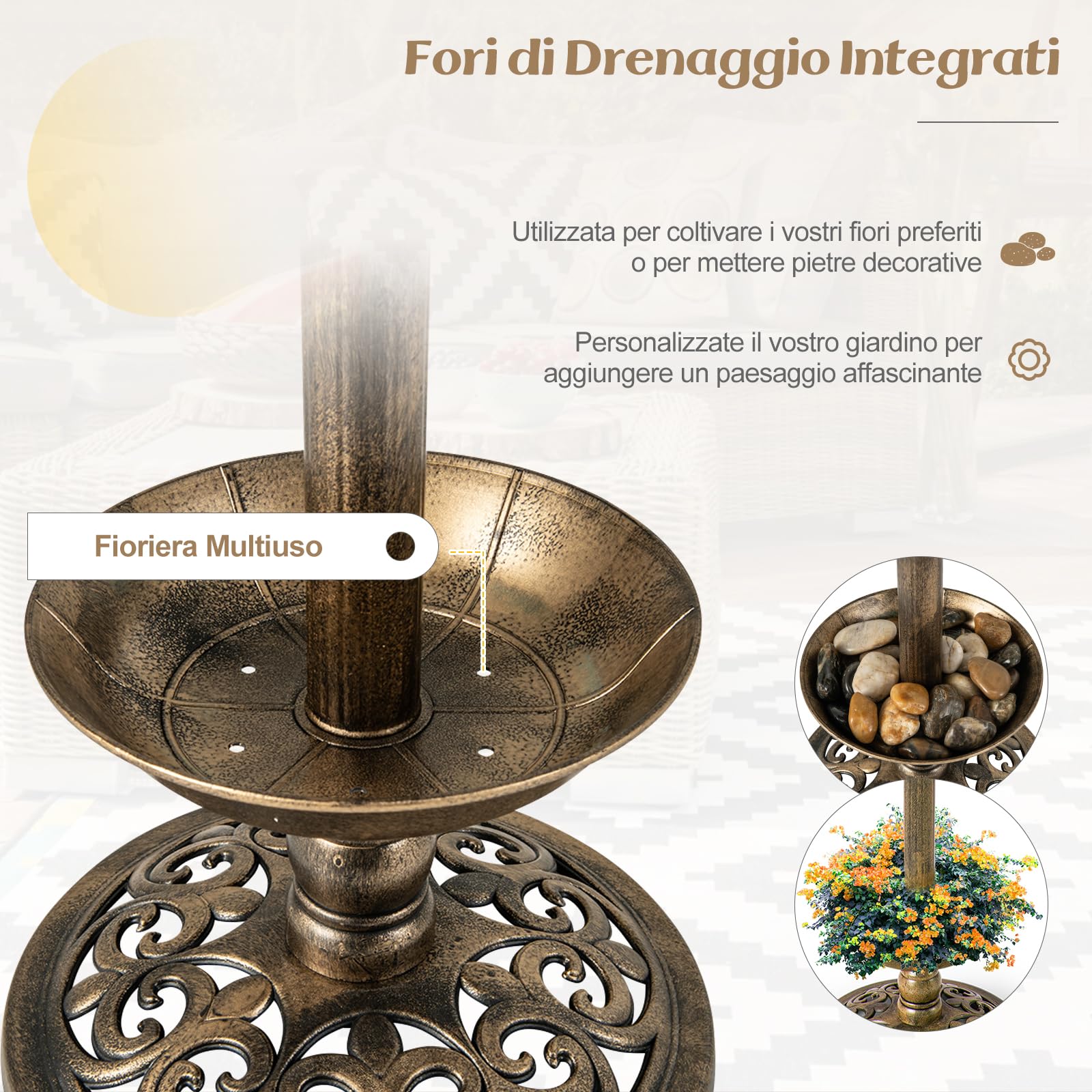 SOARS Abbeveratoio Per Uccelli Con Pannello Solare E Luci LED - Mangiatoia E Vaso Fiori 3 In 1 - Vintage In Metallo, 83 Cm - 3