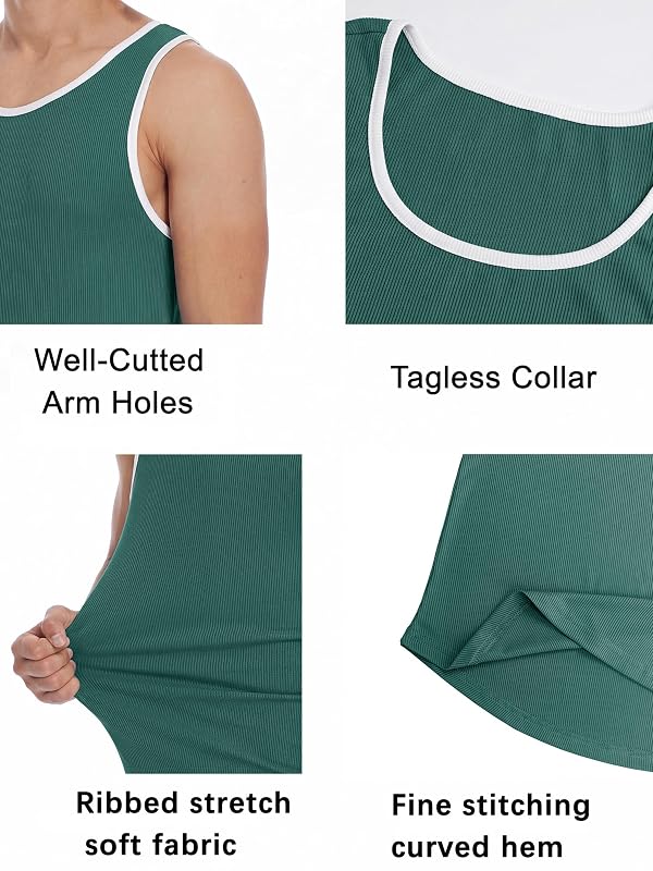 Crastimo Men's Ribbed Racerback Tank Top Stretchy Color Block Trim Slim Fit Sleeveless Shirt Workout Green M by Crastimo - Image 7