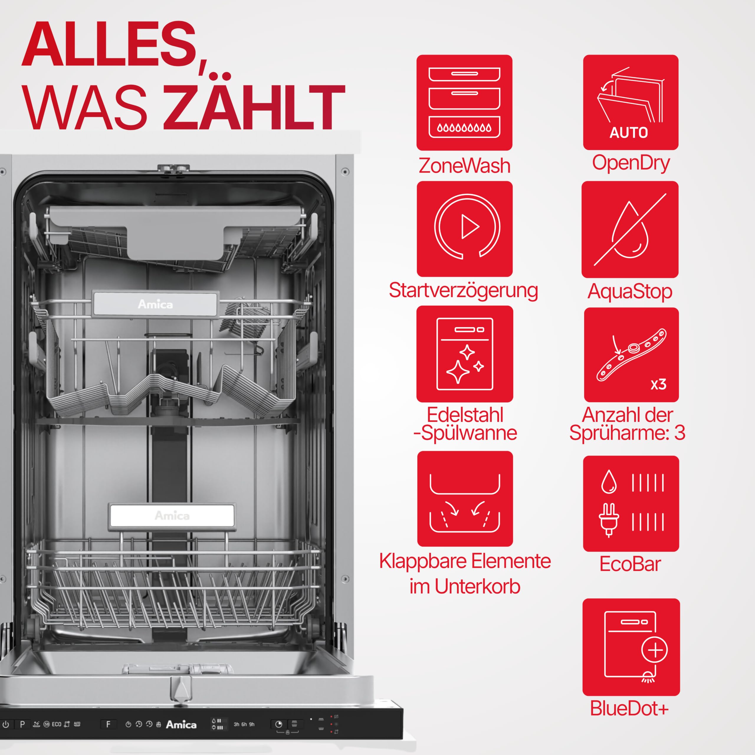 Amica EGSPV 584 900 Einbau-geschirrspüler / 10 MG / 3 Körbe /5Progr/ Auto/OpenDry/BlueDot/AQS /42dB/ Energieeffizienzklasse B