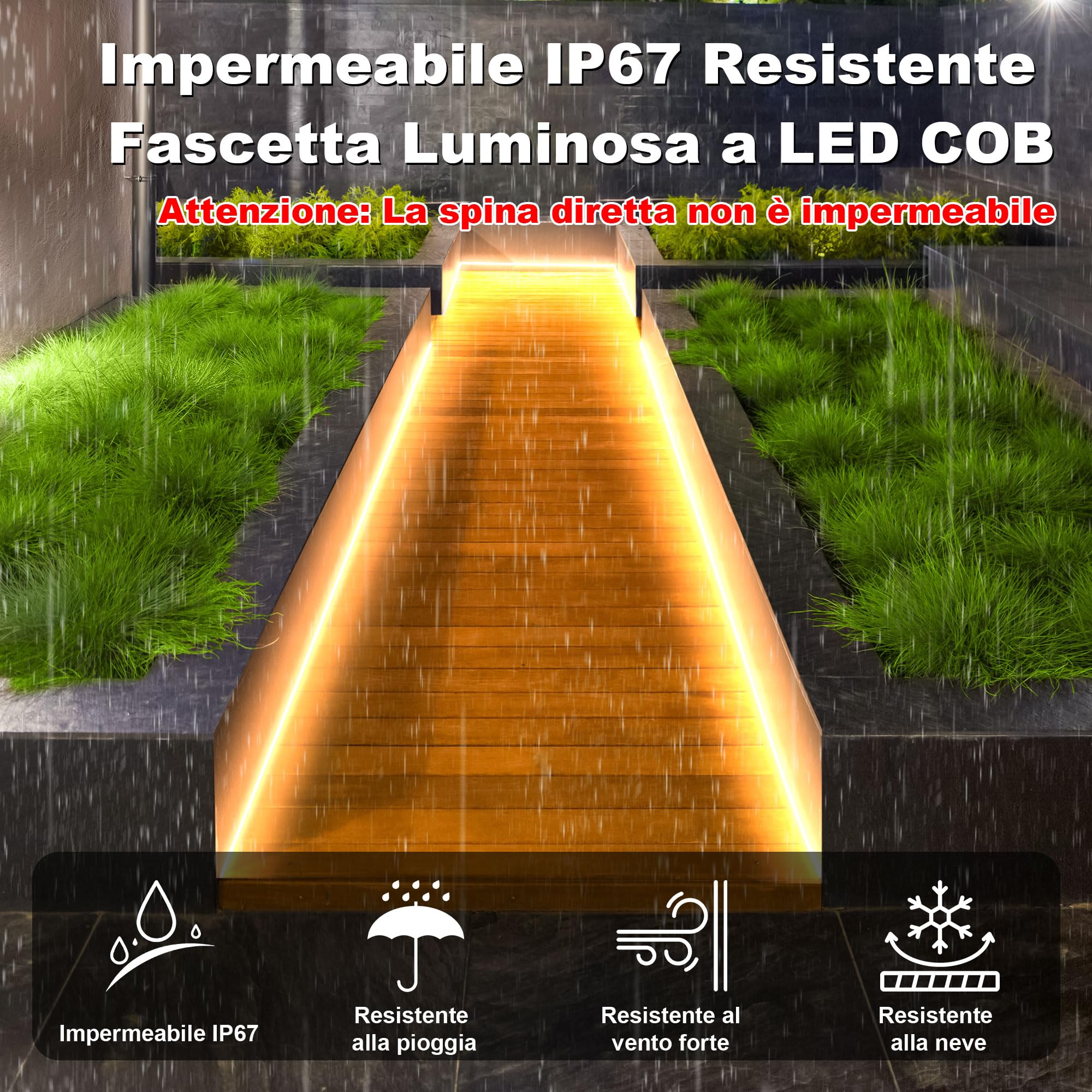 Gliztech Tira LED COB Exterior Impermeable IP67 Enchufe Directo AC 220V, Tira LED para Exteriores con Controlador de Doble Fusible, Luz LED Adhesiva para Jardín, Decoración Comercial (30M, 2700k)