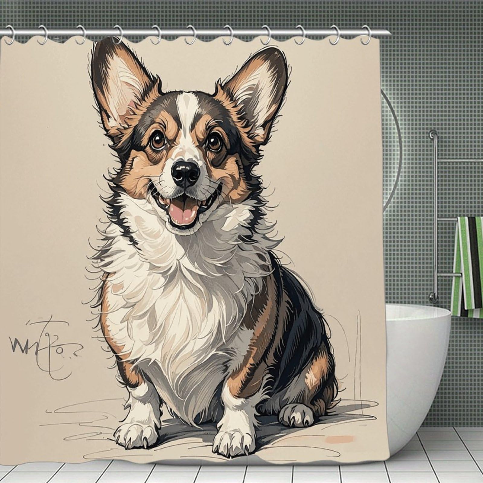 FekiLoot Hand Drawn Sketch Corgi Shower Curtain Minimalist Aesthetic Bath Curtain with Hooks Simple Water Resistant Bathroom Shower Curtains Cute Blackout Privacy Curtains Cloth Curtain