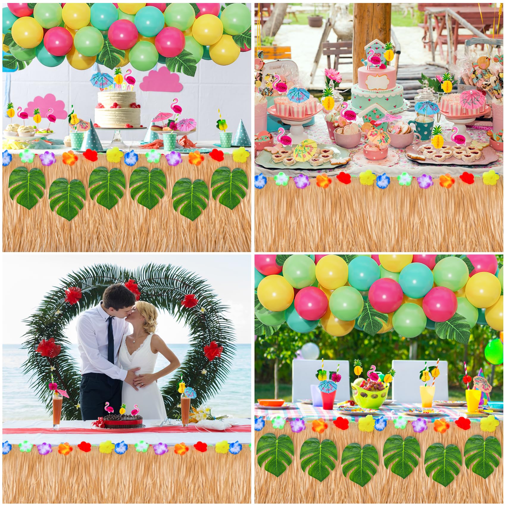 74 Pezzi Riutilizzabile Gonna Tavolo Hawaiana (75 * 275cm), Oro Tovaglia da Tavolo Hawaiian, Hawaiian Luau Gonna da Tavolo Set con cannucce di frutta 3D Palloncini Foglie di Palma Cake Topper