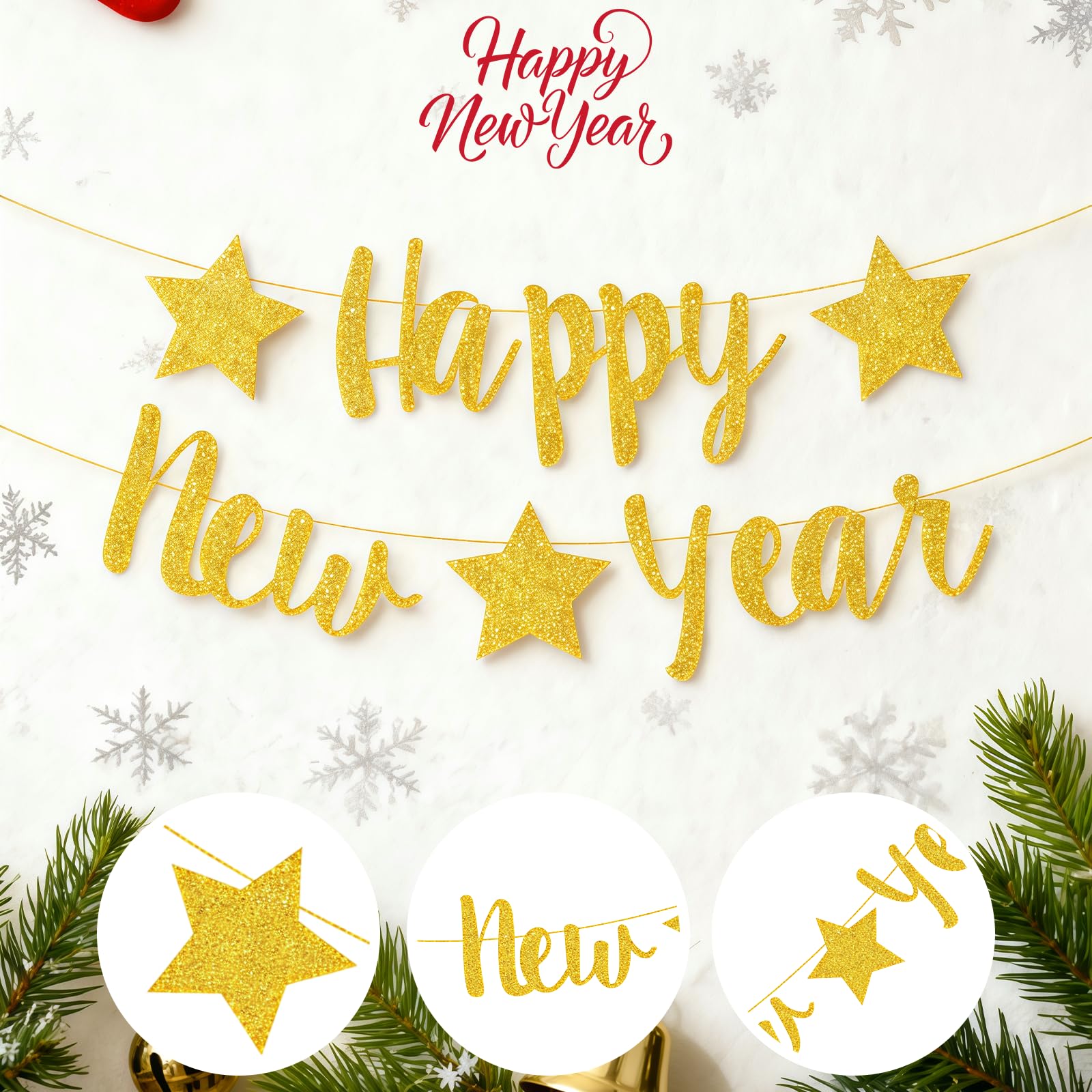 JNAWA Happy New Year Bunting Banner Gold Glitter Glowing New Year's Eve Party Background Star Outdoor Holiday Supplies for Indoor and Outdoor - Image 2