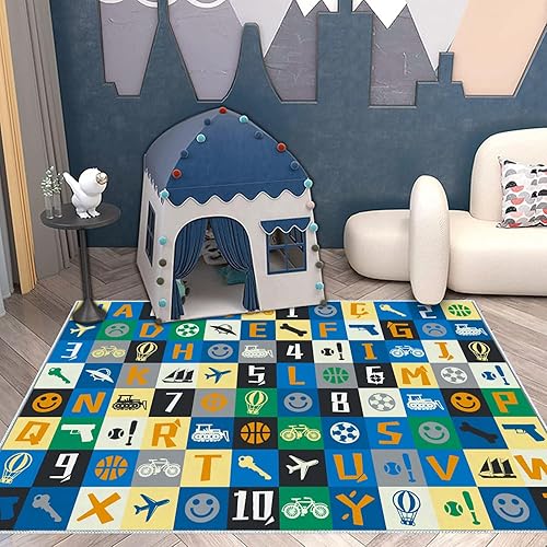 Miniatura 10 de Blue Kids ABC - Alfombra educativa con diseño de números ABC para sala de juegos, habitación de niños, habitación de niños, habitación de bebé, 2