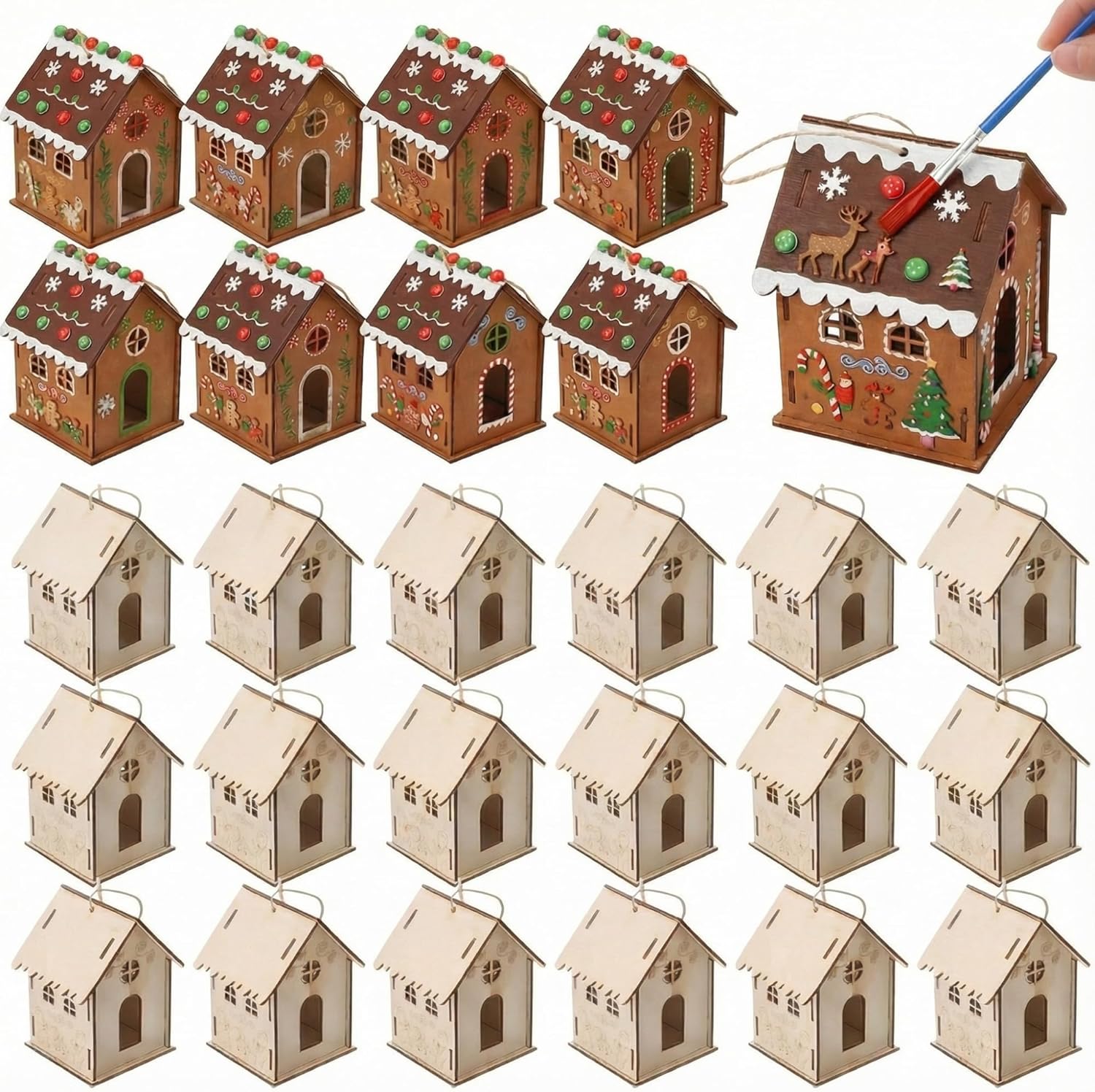 DoubleFill 36 Pcs Wooden Christmas Gingerbread House Craft Kit for Kids Make You Own 3D Christmas House with Twine DIY Xmas Village Craft to Paint and Build for Winter Art Party Gift Festival Decor