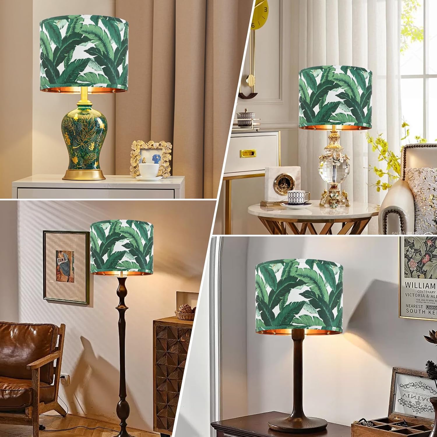 12-Inch Tropical Leaf Floral Lamp Shade Set of 2 | Medium Gold Drum Replacement Shades for Table/Floor/Wall Lamps | Harp Holder Included, Easy Assembly