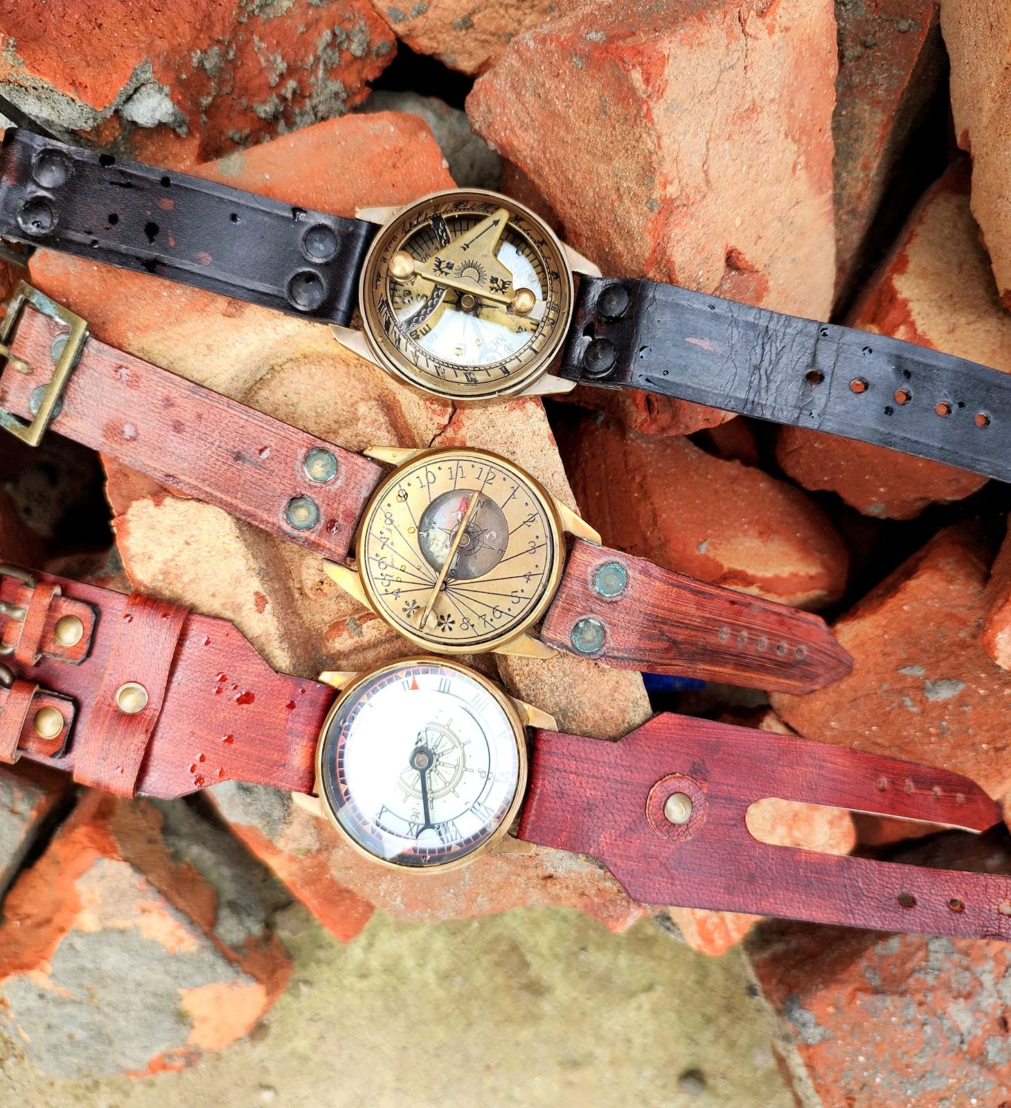 Montre steampunk 3 pièces bracelet en laiton boussole cadran solaire cuir
