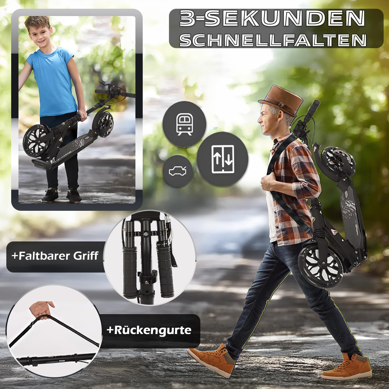 Big Wheel Scooter City Roller Kickscooter für Erwachsene klappbar LED 200mm,150KG Cityroller mit Handbremse, Tretroller Kinder Mädchen Jungen Teenager, Kickscooter Kinder Scooter
