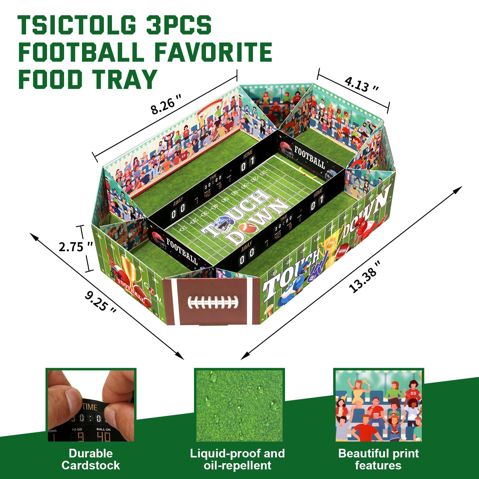 TsicTolg Football Stadium Party Kit – Extra Large Disposable Paper Food Trays with Team Color Decorations for Tailgate, Football Match Celebration Decorations and Keepsakes (3 pack)