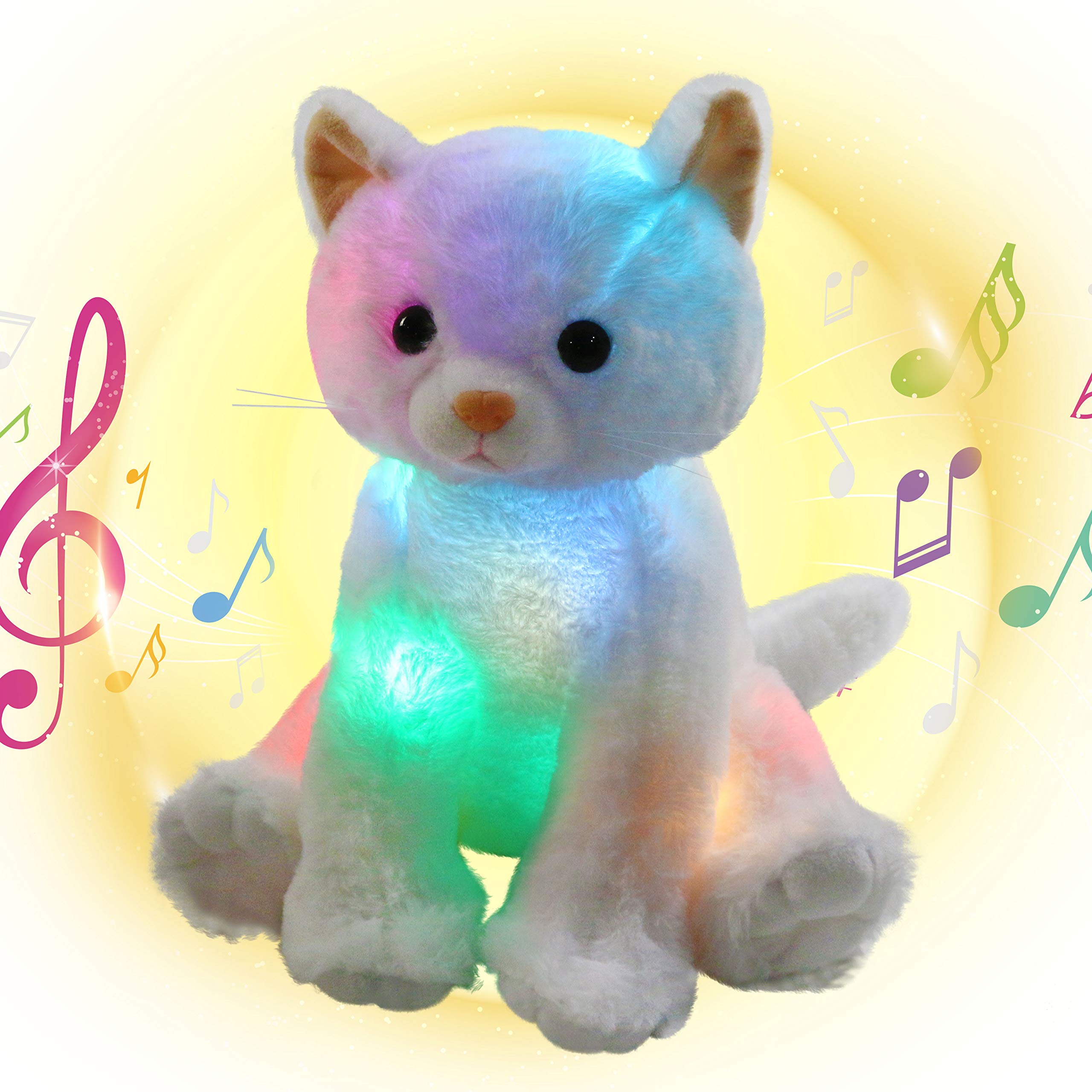 Houwsbaby 12'' White Musical Light Up Cat Stuffed Animal Kitty Plush Toy Singing LED Glowing Cat Plush Toy Christmas Festival Birthday Presents for Kids Girls Boys