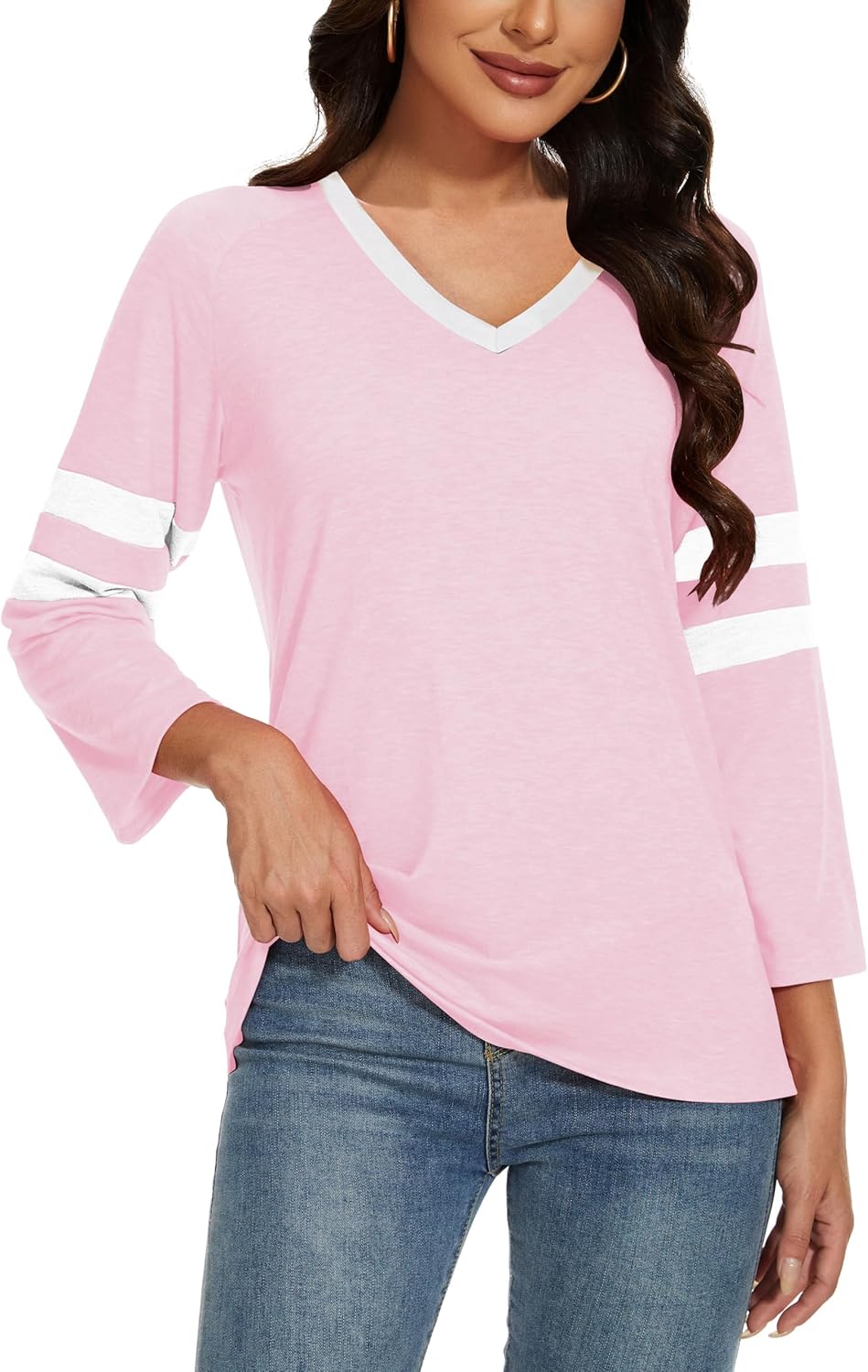 Womens Tops V Neck Color Block Tee Striped Tunics 3/4 Sleeve Fashion Comfy Shirt Basic Tshirts - Image 2