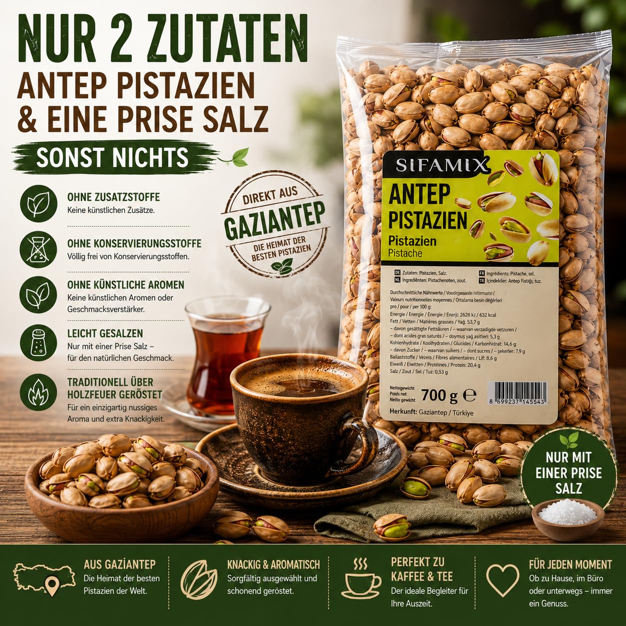 700 g Antep-Pistazien aus Gaziantep, Türkei – Geröstete und Geöffnete Pistazien in Schale | Über Holzfeuer Geröstet | Leicht Gesalzen | Charakteristisches Aroma