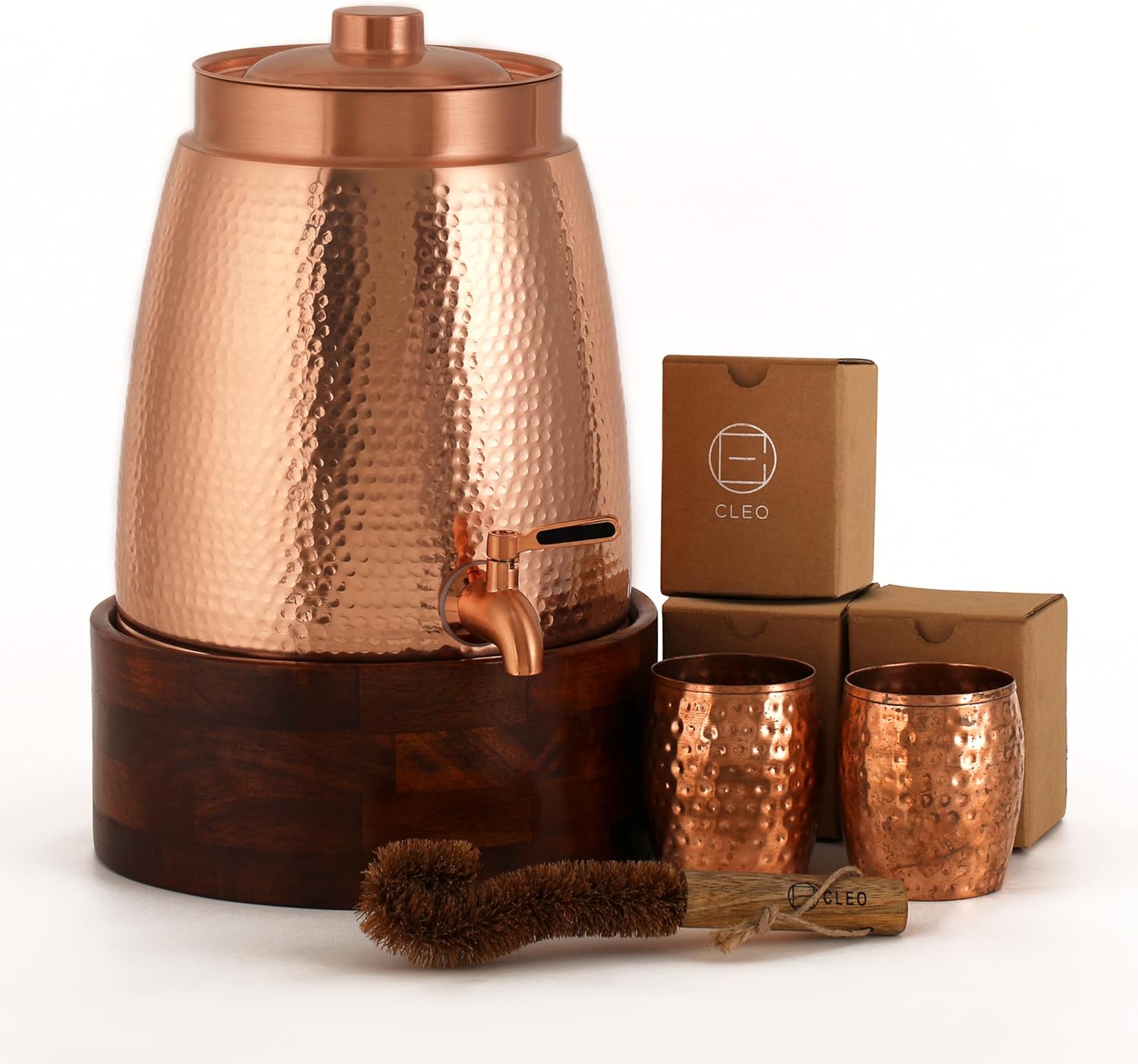5 Liter Copper Water Dispenser with Wooden Stand, 2 Glasses and a Cleaning Brush - Storage Water Tank with Tap, Water Pot with Added Health Benefits of Copper
