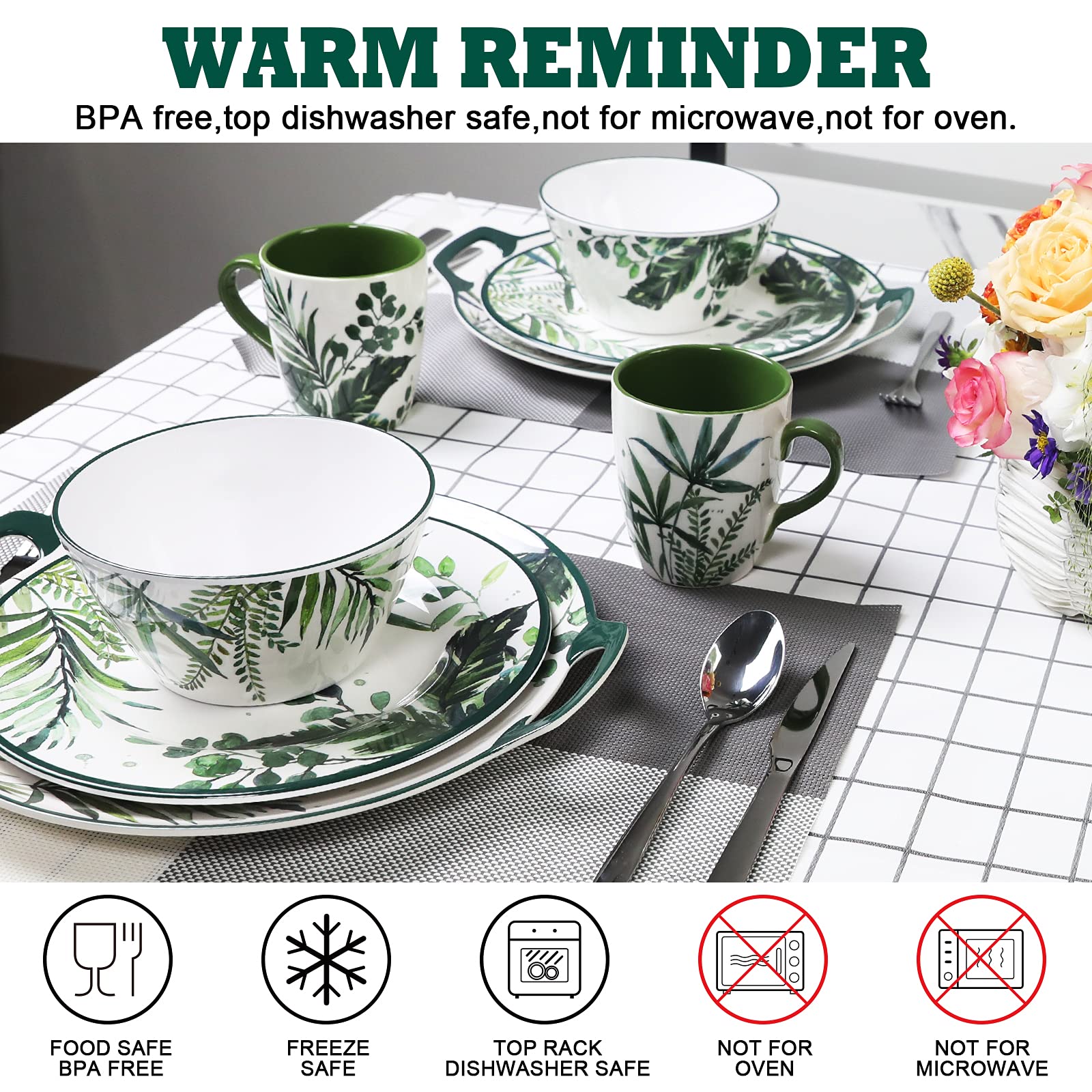 Gufaith Melamine Dinnerware Sets For 4,12 Pcs Party Plates And Bowls Sets,Outdoor Use Harvest Dinner Dishes Set,Great For RVs Camping,Lightweight Unbreakable,Dishwasher Safe,Sage Green