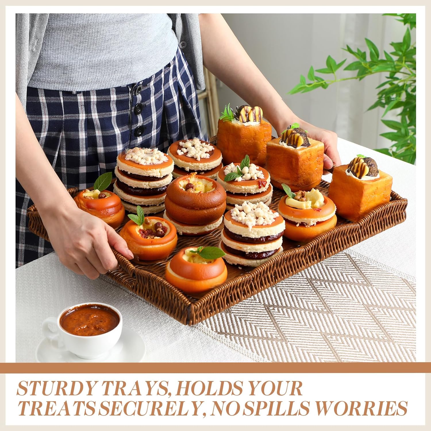 4 Pcs Large Wicker Serving Tray Scalloped Wicker Rectangle Tray for Foods & Drinks, 16.5" Boho Rattan Decorative Serving Basket with Handle for Coffee Table Breakfast Modern Rustic Home Decor