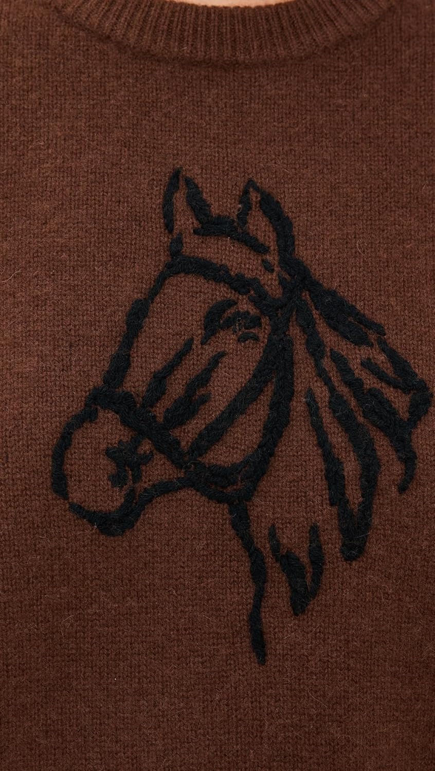 White & Warren Women's Cashmere Blend Horse Embroidered Crew Sweater - Image 6