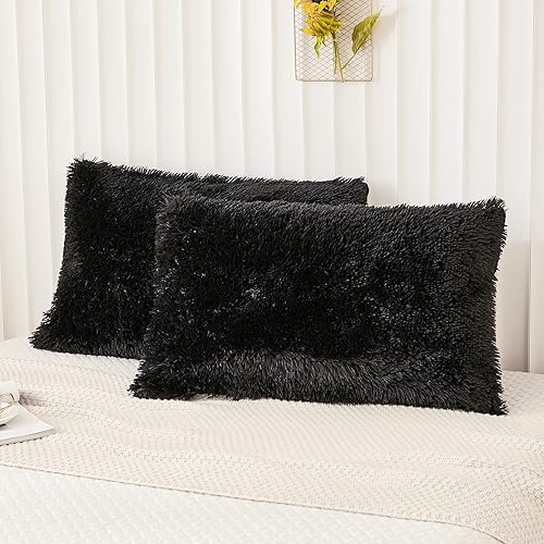 Juego de 2 fundas de almohada de pelo sintético, terciopelo lanudo de felpa negra, tamaño estándarQueen, cierre de cremallera (20 x 26 pulgadas,
