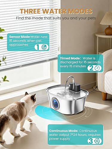 Miniatura 5 de Fuente de agua para gatos inalámbrica fuente de acero inoxidable con pilas para gatos de 108 oz3.2 L, fuentes de agua inalámbricas automáticas para