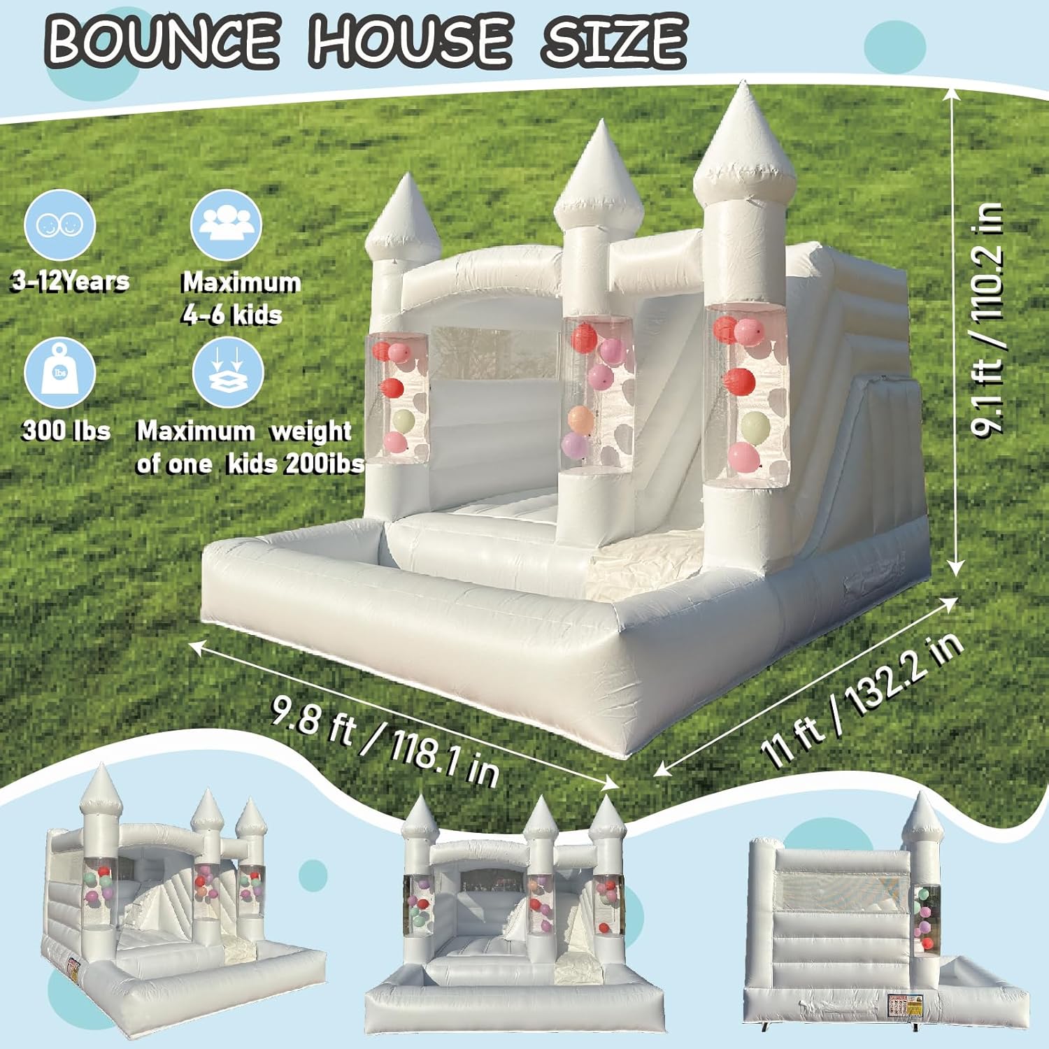 10ft Bounce House with Slide, Commercial Grade PVC Bouncy Jumping Castle for Kids, Indoor & Outdoor Bouncy Castle with Air Blower,Ball Pool and Slide for Wedding Birthday Party