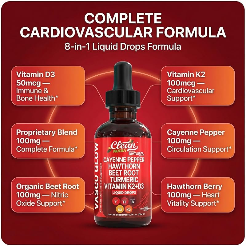 Clean Nutra Cayenne Pepper Drops Supplement Liquid + Hawthorn Berry, Vitamin D3 K2 Beet Root Powder, Ceylon Cinnamon, Turmeric Curcumin, Organic Panax Ginseng, Berberine Extract 1 Pack image 4