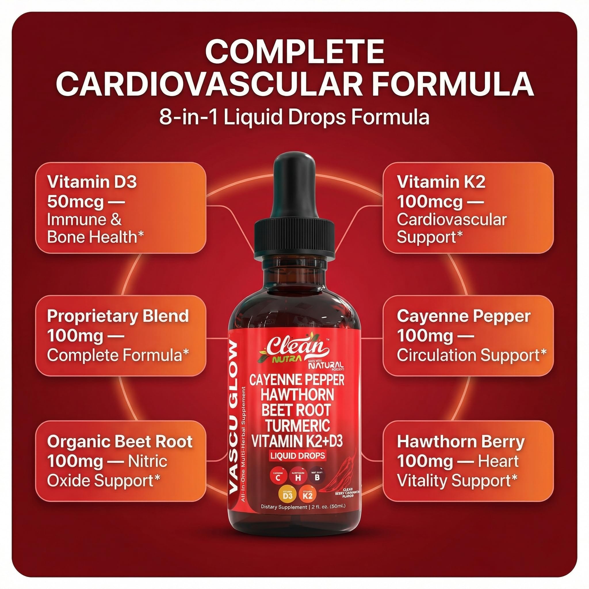 Clean Nutra Cayenne Pepper Drops Supplement Liquid + Hawthorn Berry, Vitamin D3 K2 Beet Root Powder, Ceylon Cinnamon, Turmeric Curcumin, Organic Panax Ginseng, Berberine Extract 1 Pack - 4