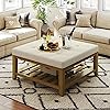 Befurtori Large Square Ottoman Coffee Table, Linen Solid Upholstered Footrest Ottoman with Solid Wood Shelf Storage Tufted Coffee Table for Bedroom Living Room, Ivory