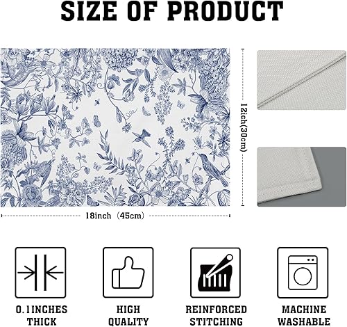 Miniatura 4 de Manteles individuales florales de hortensias azules y blancas para mesa de comedor, ramas de flores de pájaros, decorativos, resistentes al calor,