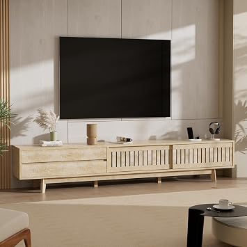 TV Stand for up to 100 TVs, 94.5" Entertainment Center Natural | TV Cabinet with Storage & Power Outlet, Media Console w Drawers and Sliding Door, Television Stand for Living Room, Natural