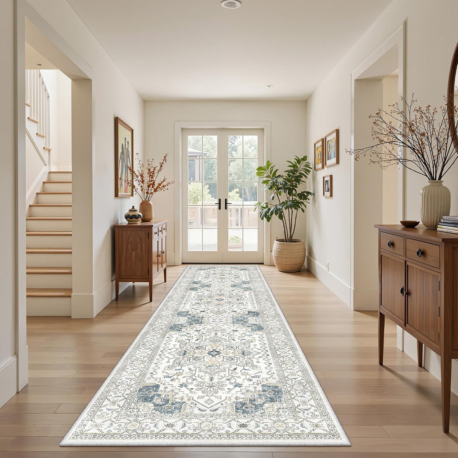 Washable 2x8 Runner Rug Vintage Area Rugs for Hallway Water Resistant Kitchen Entryway Rug Ultra Soft Living Room Bedroom Carpet Indoor Low Pile Floor Mat for Bathroom Dining Room (2'x8',BeigeBlue)