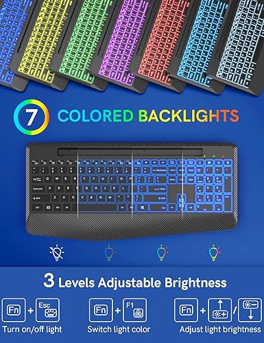Miniatura 2 de Teclado inalámbrico con retroiluminación de 7 colores, reposamuñecas, soporte para teléfono, teclado ergonómico recargable con teclas silenciosas,