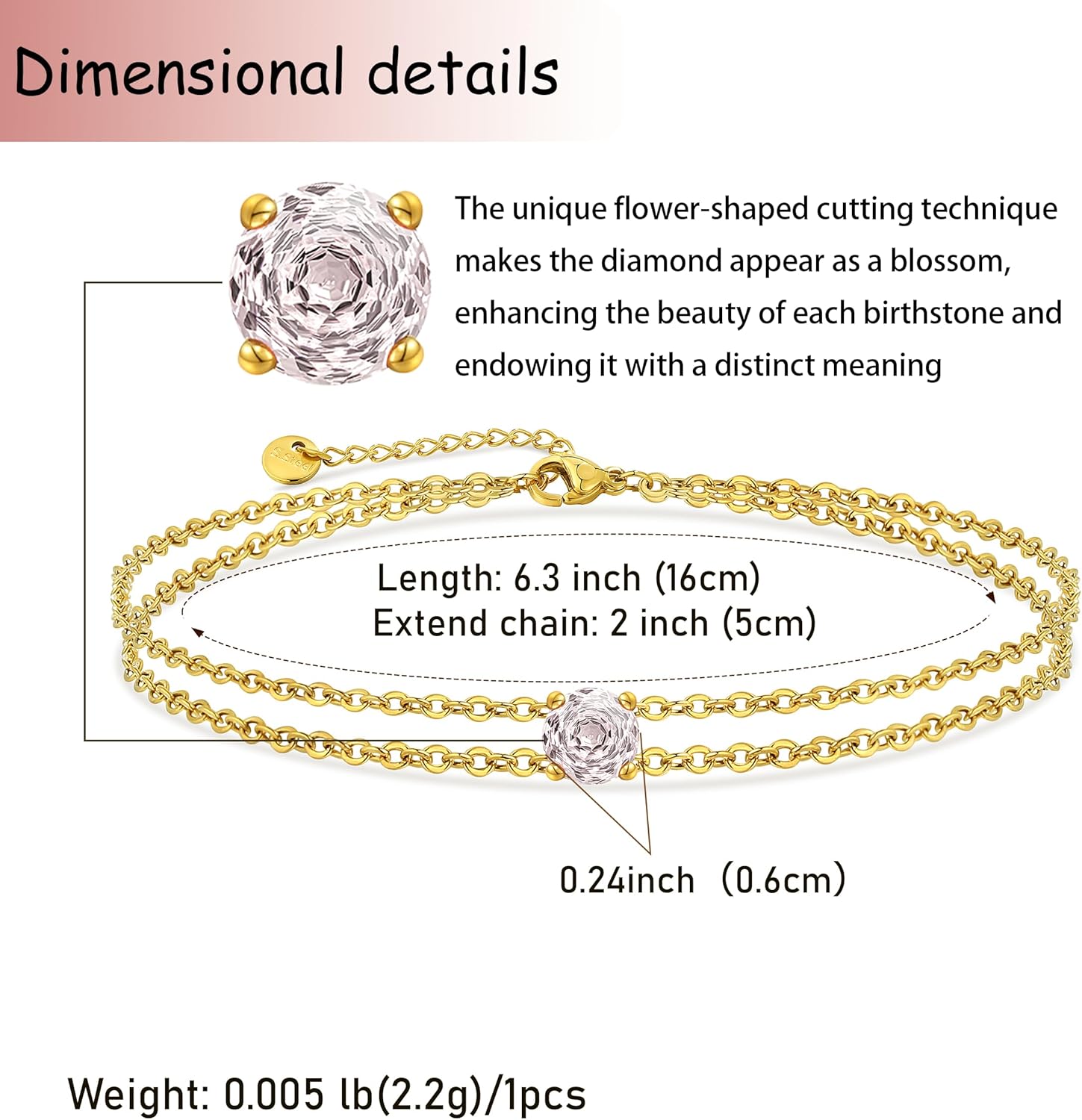 Rose Cut Diamond Womens Birthstone Bracelet Waterproof– 14K Gold Plated Dainty Stainless steel Double Chain Adjustable Bracelet – Minimalist Jewelry Gift for Birthday, Anniversary, Graduation - Image 2