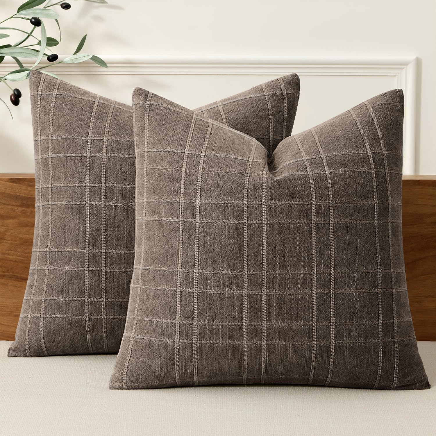 MIULEE Linen Plaid Pillow Covers Fall Decorative 18x18 Brown