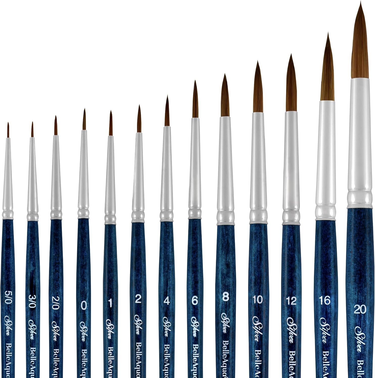 Silver Brush Limited BA-2750S BelleAqua Wet and Wild 13pc Professional Watercolor Brush Set, Soft Synthetic Red Sable Round Paint Brush Set, Sizes 5/0, 3/0, 2/0, 0, 1, 2, 4, 6, 8, 10, 12, 16, & 20