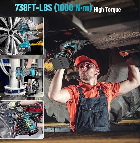 Miniatura 2 de Seesii Llave de impacto inalámbrica de 1000 Nm (738 pies-libras) de alto par, pistola de impacto sin escobillas de 12 pulgada con dos baterías de