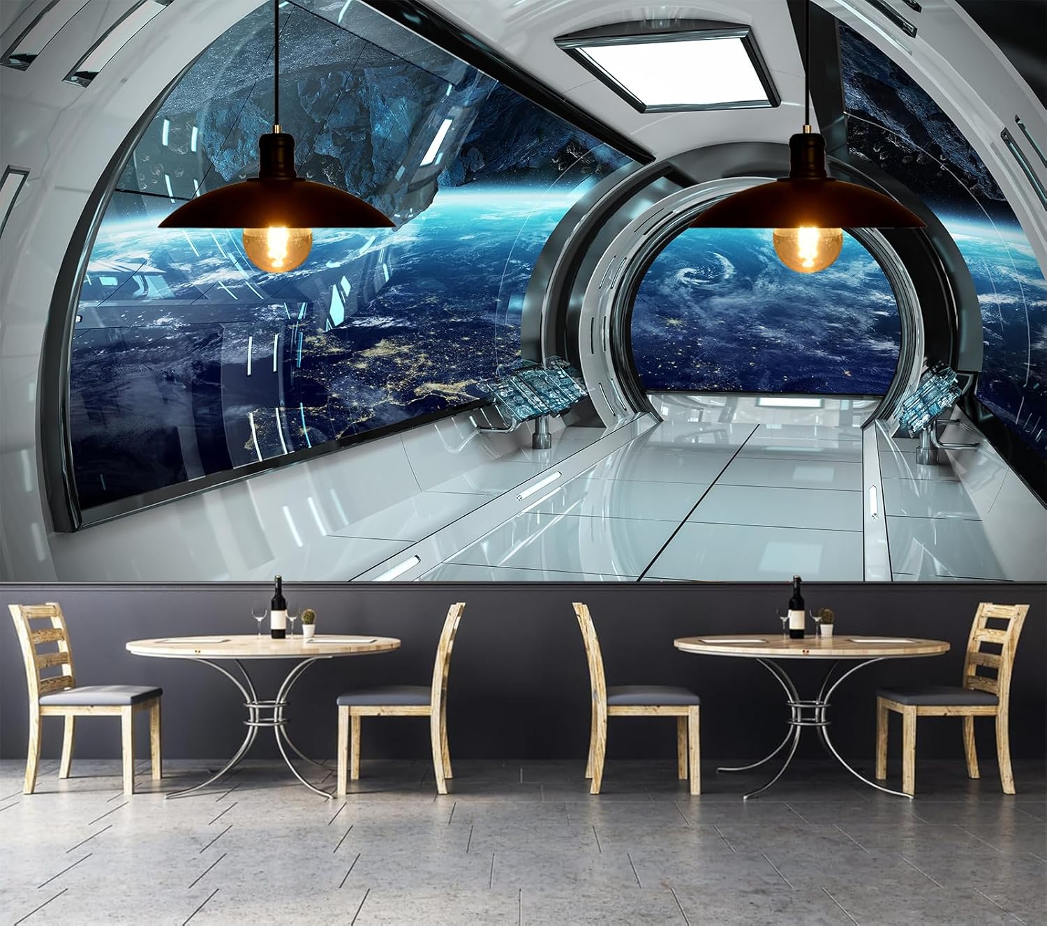 FLFK 3D Space Wall Murals Peel and Stick 141.7"x98.4"-Futuristic Spaceship Interior View Self-Adhesive Wallpaper Large Poster Painting Sticker for Kids Bedroom Decor