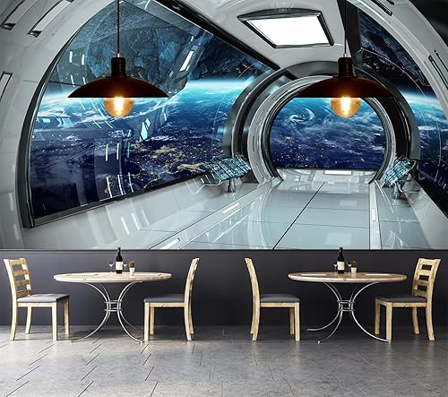 Miniatura 5 de FLFK 3D - Murales de pared espaciales para pelar y pegar de 118"x78.7" - Vista interior de nave espacial futurista, papel tapiz autoadhesivo, póster