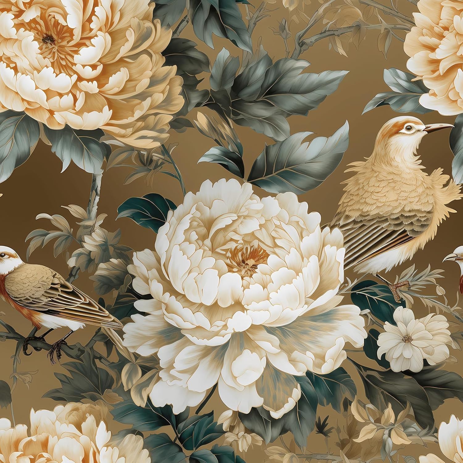 Vintage Chinoiserie Floral Bird Wallpaper Peel and Stick Chinoiserie Wallpaper for Bedroom Bathroom Accent Wall Peony Floral Bird Contact Paper Prepasted Flower Wall Murals Removable 17.5"x80"