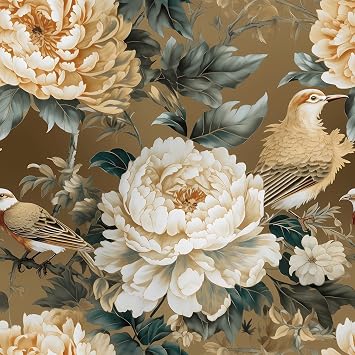 17.5x475 Gold Floral Bird Peel and Stick Wallpaper Vintage Chinoiserie Wallpaper for Bathroom Cabinets Vintage Floral Contact Paper for Shelves Vanity Table Retro Flower Contact Paper Removable